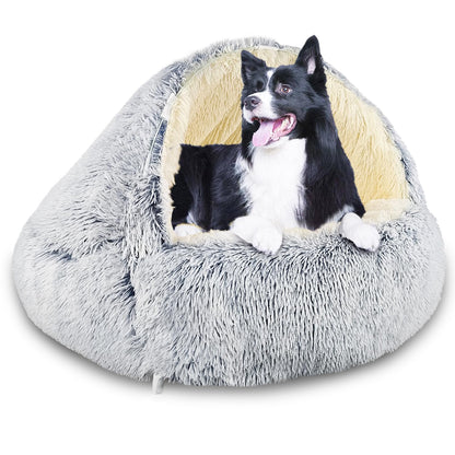 SUOXU Hooded with Supports Dog BedDeluxe Plush Dog Cave Bed for Medium Small Dogs Warming Cozy Soft Faux Fur Donut Calming Anti-Anxiety Pet BedRemovable Washable Cover and Anti Slip Bottom